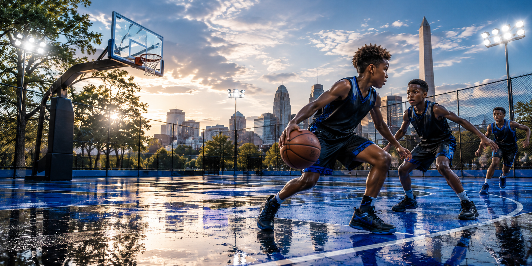 Metro 3v3 players competing on a Washington, D.C. court at dusk